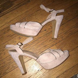 Blush pink Suede peep toe pumps with gold accent